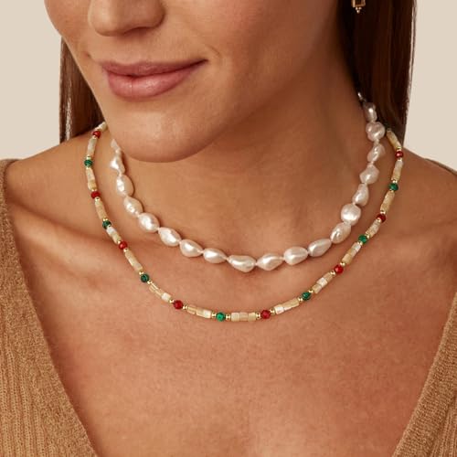 KissYan Beaded Choker Necklace for Women, Colorful Natural Gemstones Pearl Choker 14K Gold Plated Pendant Healing Crystal Necklace Handmade Stone Jewelry Gift | 14K Gold Plated Pendant Necklaces, Natural Gemstones Pearl Choker, Healing Crystal Chain, Hand