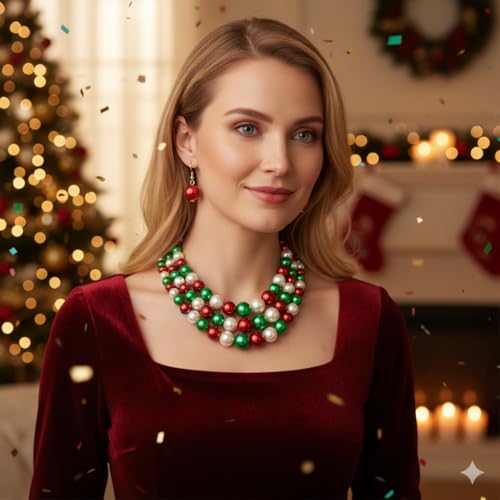 Fashion 21 Women's Faux Pearl Three Multi-Strand Statement Necklace and Earrings Set (Red + Green Mix)