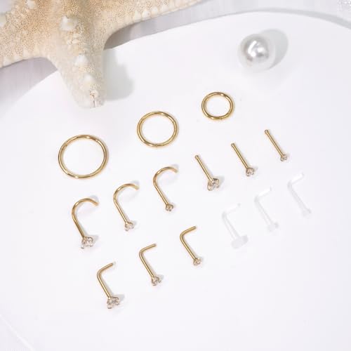 15PCS 14K Gold Plated Nose Rings Studs Set for New Piercing Beginners - color: Gold-3PCS Nose Rings & 12PCS Nose Studs