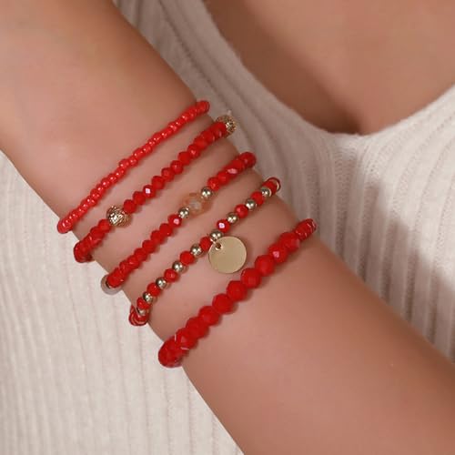 Bohemian Handmade Crystal Seed Beads Disc Pendant Colorful Multilayered Elastic Bracelets Stackable Stretch Strand Bangles Friendship Summer Beach Jewelry for Women - color: red 1