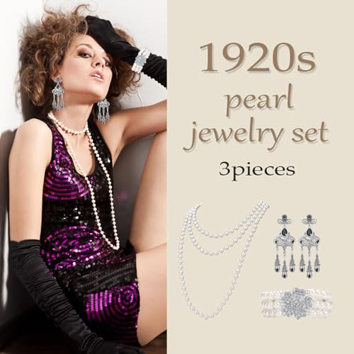 1920s Pearl Jewelry Set - Long Pearl Necklace, Earring Set, Multilayer Bracelet - Flapper Accessories for Women - color: Retro