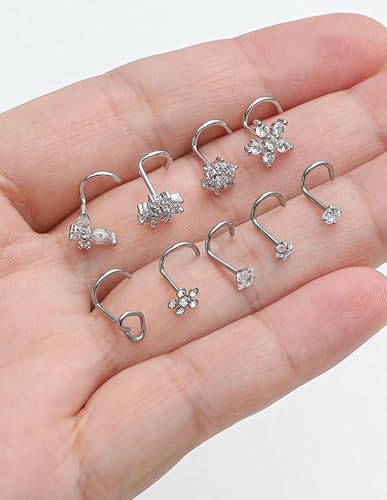 17Pcs Nose Rings Studs 20G Surgical Stainless Steel L Corkscrew Bone Shaped Nose Studs Butterfly Flower Heart Star Square Round CZ Nostril Piercing Jewelry for Women Silver Plated - style: B:Screw Shaped