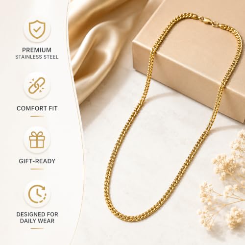 Modstel Premium Cuban Link Chain Necklace 4mm Stainless Steel,Rhodium Plated Silver, For Men & Women, Waterproof, Hypoallergenic, 16-24 Inch - color: Gold, size: 18inch
