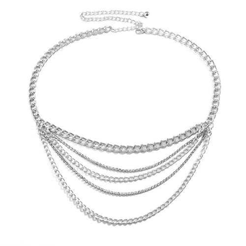 Chunky Gold Waist Chain for Women Rhinestone Layered Belly Belt Chains Beach Waist Chain Waterproof Cuban Body Chain Adjustable Bikini Body Jewelry Summer Beach Accessories Jewelry Gift - color: Silver