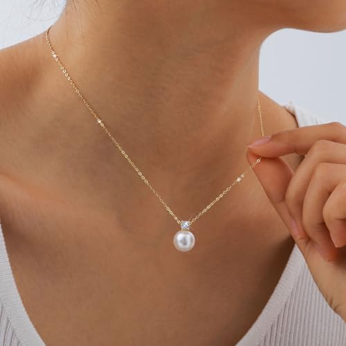 Pearl Necklace for Women 925 Sterling Silver Single Pearl Jewelry with Shell Pearl Pendant - Dainty Choker Necklace Suitable for Anniversary, Wedding, Birthday Gifts - color: CZ Gold