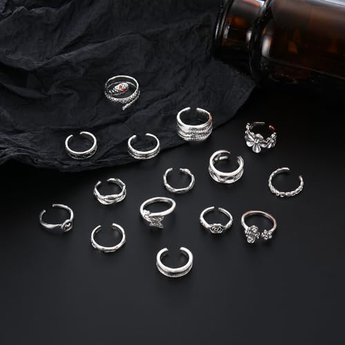 46 Pcs Toe Rings for Women Adjustable Vintage Bohemian Toe Ring Set Open Snake Flower Band Knuckle Tail Ring Silver Gold Plated Summer Beach Foot Jewelry