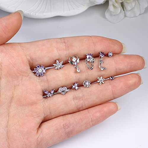 Sanfenly 12 PCS 20G Nose Rings Surgical Stainless Steel, L Shaped Nose Studs for Women Men, CZ Heart Butterfly Flower Leaf Moon Dangle Cute Nose Piercings Studs Screw Jewelry Pink/Purple/Blue/Clear - color: Screw Purple