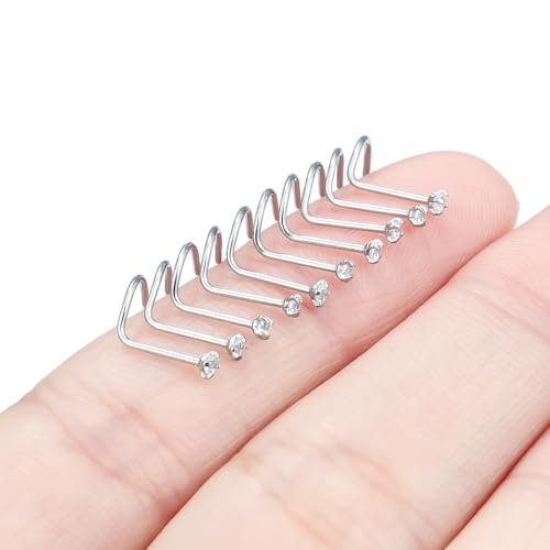 Nose Studs Surgical Steel Nose Rings Studs with Cubic Zirconia 10Pcs Tiny Nostril Rings for Women Screw Bone and L-Shaped Nostril Piercing Jewelry 24G 22G 20G 18G - color: silvertone,screw nose studs, size: 22g,1.5mm Clear CZ