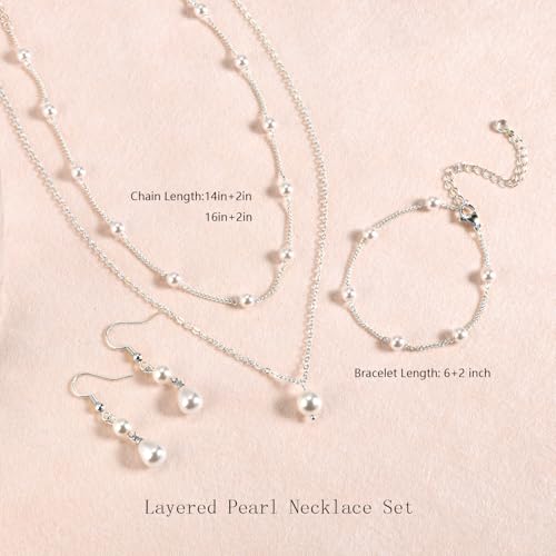 DIBOLA Gold Jewelry Set for Women, Dainty Layered 14K Gold/Silver Pearl Choker Necklaces and Earring Set Pearl Earrings Bracelets Wedding Bride Jewelry - color: 2 pearl earrings jewelry set-silver