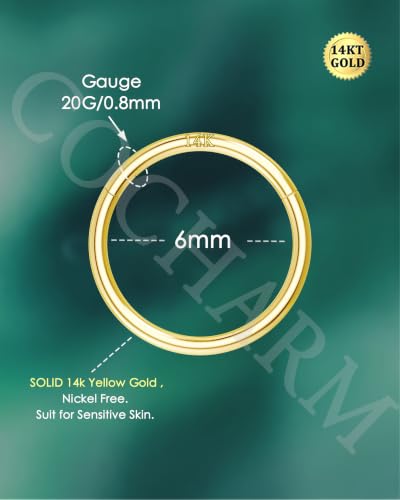 14K Solid Gold Nose Rings, Yellow Gold, 18g/16g/20g | For Women Man, Real Gold, 14Kt, Tiny Seamless Hoop, Nose Piercing, Cartilage Earring, Hypoallergenic - color: HoopA, size: 20g-6mm