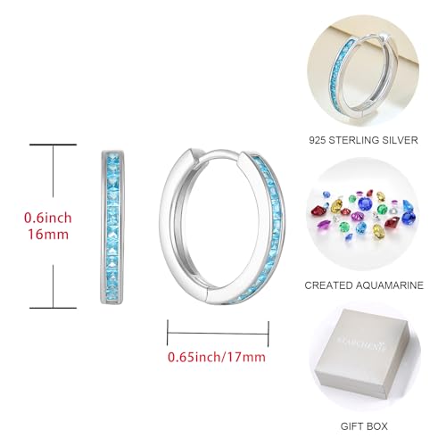 Starchenie Huggie Hoop Earrings for Women 925 Sterling Silver Princess Cut Birthstones Jewelry Gift - color: 03-Aquamarine-Mar