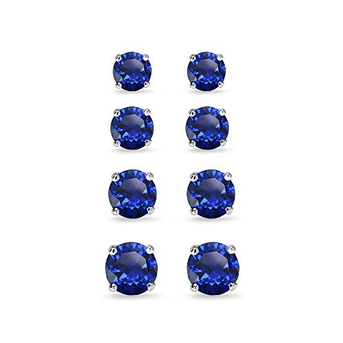 Sapphire Earrings for Women Sterling Silver Trendy Round-Cut Created Blue Gemstone Solitaire Studs for Men Bridesmaids Prom Gift - color: 3-4-5-6mm - Sterling Silver / 4 Pairs
