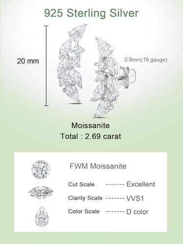 Moissanite 20mm Butterlfy/Flower/Leaf/Bezel Crawler Stud Earrings for Women, 925 Sterling Silver with Gold Plated, Hypoallergenic Cartilage Earrings, Valentines Birthday Anniversary Wedding Gift - color: Leaf - 2.96 Carat - White Gold