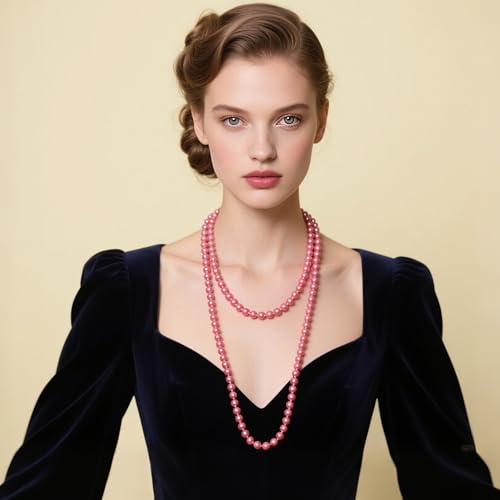 BABEYOND Long Pearl Necklace Faux Pearls Necklace Set Beaded Long Pearls Necklace 1920s Gatsby Costume Jewelry - color: Dusty Pink