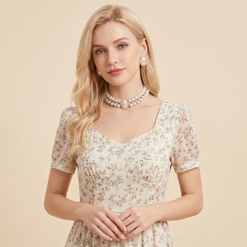 White Bead Necklace and Earring Vintage Gold Pearl Necklace Choker with Rhinestone Adjustable Faux Pearl Costume Jewelry Set for Wedding Bridal Birthday Tea Party