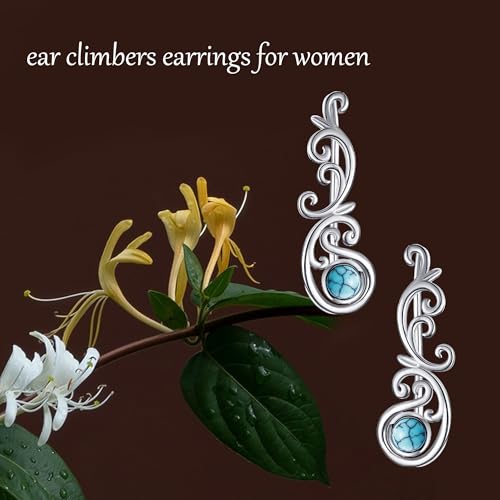Ear Climbers Earrings for Women Sterling Silver Vintage Ear Crawler Earrings Jewelry Gifts for Women - style: Filigree-Turquoise