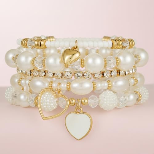 Bohemian Multilayered Faux Pearl Beaded Heart Pendant Crystal Zircon Stackable Multicolor Bracelets Set for Women Handmade Friendship Summer Beach Stretch Bangle Jewelry - color: white