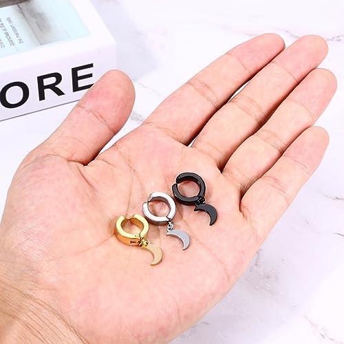 Black Hinged Earrings Hoop-Clip On Moon Dangle Hoops-Stainless Steel Punk Earrings Jewelry for Women Men - color: 3 Pairs