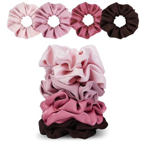 Satin Scrunchies for Women – 8PCS Blush & Brown Silk Hair Ties Set – No Crease, Frizz-Free, Gentle Elastic Hair Bands, Soft & Stylish Everyday Hair Accessories Gifts - color: Large-Blusher