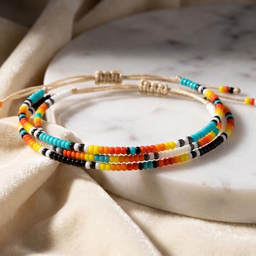 Seed Beaded String Rope Adjustable Bracelets Set for Women Men, Small Colorful Boho Rice 3Pcs Stack Handmade Thin Jewelry, Daily Beach Vacation Friendship Gift - color: Orange Blue F