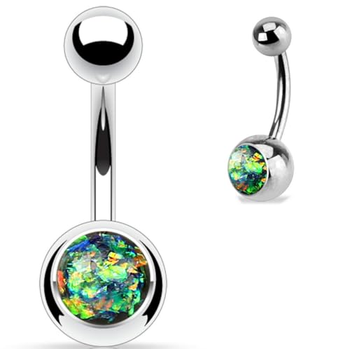 Belly Button Piercing Ring 14 Gauge Surgical Steel - color: Dark Green Created Opal
