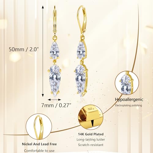 ALEXCRAFT Silver Long Teardrop Dangle Earrings for Women Hypoallergenic Cubic Zirconia Drop Leverback Earrings Trendy CZ 2-Stone Long Crystal Teardrop Dangle Earings for Jewelry Gifts - color: Gold