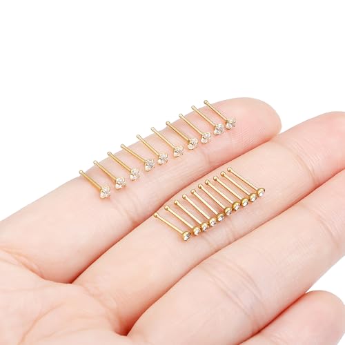 Hoeudjo Nose Studs Surgical Steel Cubic Zirconia Nose Rings Kit for Women Men Tiny Nose Stud Screw & Bone & L Shaped Nostril Piercing Jewelry 24-18 Gauge 20 Pieces Set - color: gold-tone,nose bone studs, size: 22g/2.0mm clear CZ