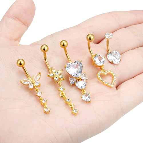 Vsnnsns 14G Dangle Belly Button Ring Piercing Jewelry 316L Stainless Surgical Steel Snake Heart Butterfly Flower Diamond CZ Navel Rings Dangling Belly Button Ring Piercing Jewelry for Women 14 Gauge - color: Gold-Clear CZ