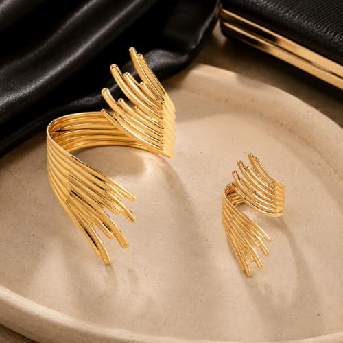 72ore Gold Jewelry Sets for Women Chunky Silver Cuff Bracelet Statement Bangle Bracelet and Ring Fashion Jewelry Open Cuff Wrist Trendy Jewelry Set Gift for Women - color: A1:gold