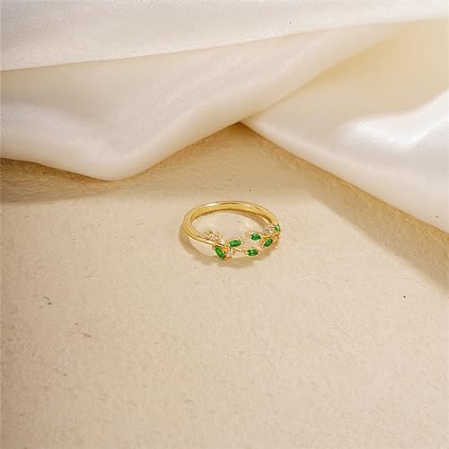 Gold Rings Non Tarnish Silver Adjustable Rings for Women Cubic Zirconia Leaf Ring Dainty Silver Stackable Ring for Women - style: green