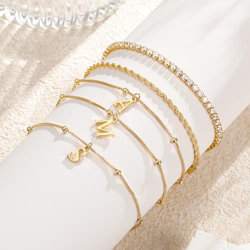 Gold Bracelets for Women Girls - Dainty Gold/Silver Bracelet Stack Jewelry Set Personalized Initial Bracelets Cute Stackable Rope Box Chain Tennis Bracelets Gifts for Women Teen Girl Gifts - color: K-Gold