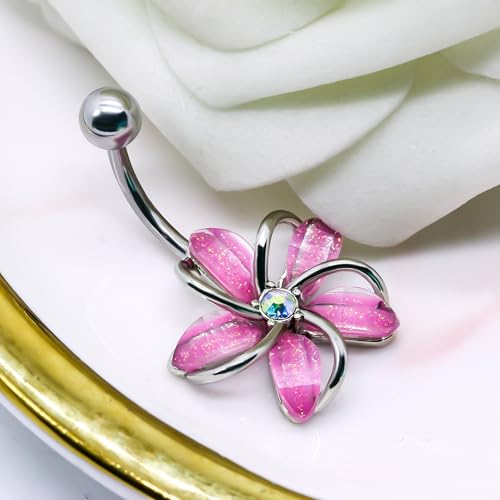 VERAMI 14G 316L Flower Belly Button Ring Surgical Steel Cute Flower Belly Button Ring Body Piercing Jewelry - color: Pink flower