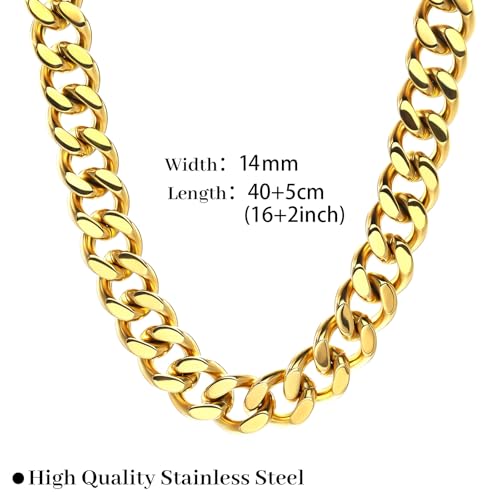 FEEL STYLE Chunky Gold Necklace for Women - 14K Gold Plated 10mm/14mm Cuban Link Chain & 8mm O-Link Chunky Necklace Fashion Jewelry Adjustable - color: Gold Chain, style: 14MM Cuban Link Chain