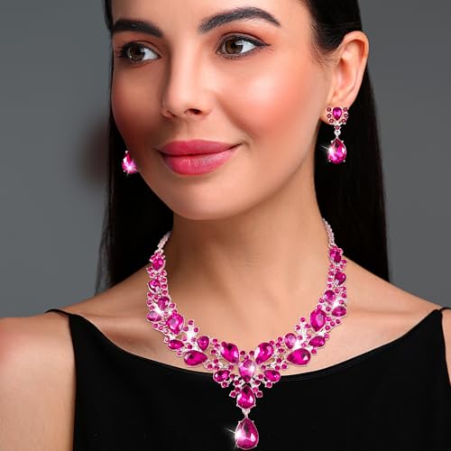 Hicarer Bridal Teardrop Cluster Crystal Jewelry Set for Women Necklace Earrings Wedding - color: Rose Red