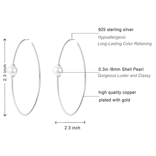 OwMell Large Hoop Earrings for Women 925 Sterling Silver Post 14K Gold Plated Big Hoops Earrings Trendy Pearl Cubic Zirconia Hoop Earrings - color: Pearl Silver