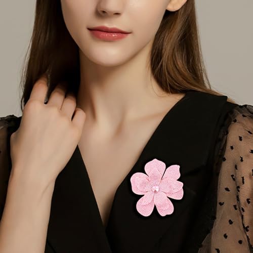 3.74 Inches Rhinestone Camellia Flower Brooch Pins & Hair Clips for Women Elegant Created Crystal Lapel Pin Brooches Wedding Party - color: Pink