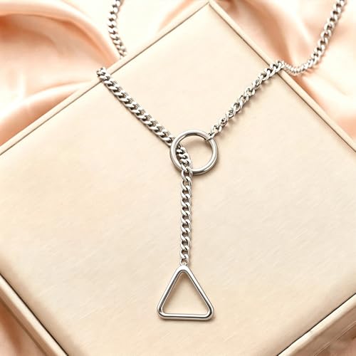 Heart O Ring Slip Chain Choker Necklace for Women Men Stainless Steel Cuban Chain Y-shape Necklaces Punk Rock Collar Adjustable Lariat Y Necklace Prom Necklaces Jewelry - color: Silver Triangular ring
