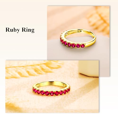 Bezel Set Birthstone Wedding Band 14K Gold Sterling Silver Stackable Half Eternity Band Rings 2.5mm Wide Ruby/Amethyst/Sapphire/Emerald Green/Aquamarine Ring for Women, Send Gift Box - style: 07-Created Ruby
