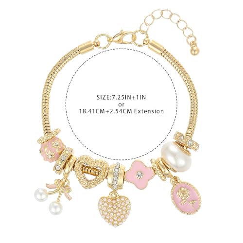 Charm Bracelet Gold Bracelets for Women Gifts | LOVE Heart Hollow Flower Bow Pink Green Square Gemstone Beaded Charm Bracelet Cute Adjustable Bracelet Jewelry - style: Pearl Bow Cherry Heart