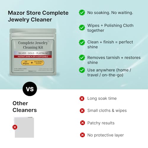 Silver Jewelry Cleaner Wipes + Large Polishing Cloth Kit | 20 Tarnish Remover Dry Disposable Wipes | Instant Shine, No Rinse | Restore Brilliance for Silver, Gold & Platinum Jewelry, Silverware & Watches