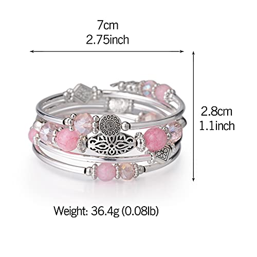 FULU AUTUMN Stackable Beaded Bracelets for Women Boho Wrap Silver Bracelet Layered Fashion Jewelry Gifts for Her - color: Pink