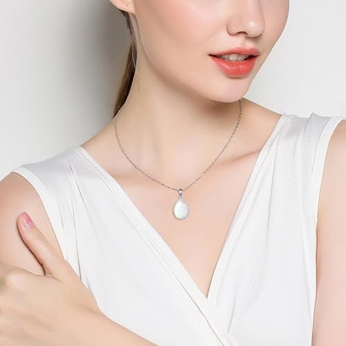 CRMAD Larimar/Opal/Lapis Lazuli/Tourmaline/Malachite/Labradorite/Turquoise/Onyx/Rose Quartz/Amber/Peridot Necklace for Women 925 Sterling Silver Teardrop Pendant Jewelry Gifts - color: Opal