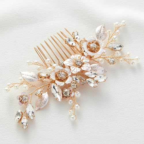 SWEETV Hair Comb, Handmade Rose Gold Bridal Hair Accessory for Weddings and Brides - 4.72 * 2.75 Inch, 2.Rose Gold | Handmade Gold Hair Piece Wedding Hair Accessories, Bridal Hair Comb Bridal Hair Pieces Wedding Hair Clip 4.72 * 2.75 Inch - color: 2.Rose