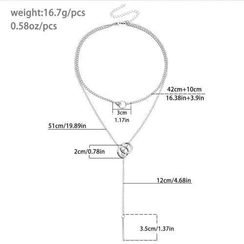 PLOUTOS Double Circle Layered Choker Lariat Necklace for Women Tassel Long Bar Pendant Adjustable Chain Y Shaped Collarbone Style Two Colors Silver Gold Alloy - color: Silver