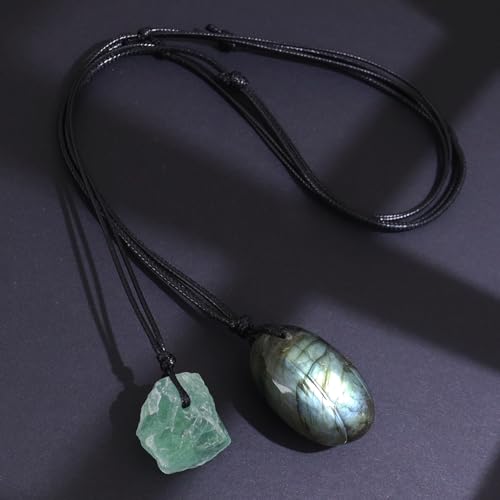 Natural Raw Crystal Necklace for Women Irregular Stone Necklaces Spiritual Gemstone Pendant with Adjustable Rope - color: E-Labradorite+Green Fluorite