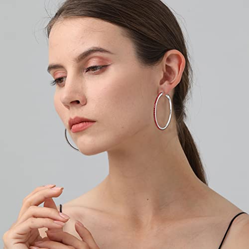 925 Sterling Silver Earrings Large Rhinestone Hoop Earrings Big Cubic Zirconia Hoop Earrings Thin Rhinestones Round Hoop Earrings for Women 20/30/40/50/60/70mm Sparkly Hoops With Crystals for Womens - color: red,50mm