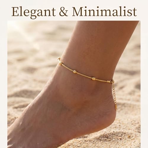 14K Gold-Plated Anklets for Women, 3Pcs Dainty Golden Anklet Set, Waterproof Tarnish Resistant Adjustable Ankle Bracelets (8.26"+1.57" Extender), Hypoallergenic Summer Jewelry Gift