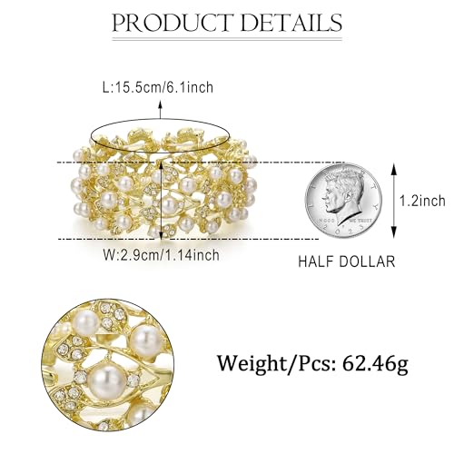 Crystal Cream Faux Pearl 1920s Vine Leaf Wedding Stretch Bracelet for Women | White Rhinestone Bridal Prom Jewelry - color: Gold-Plated-Base