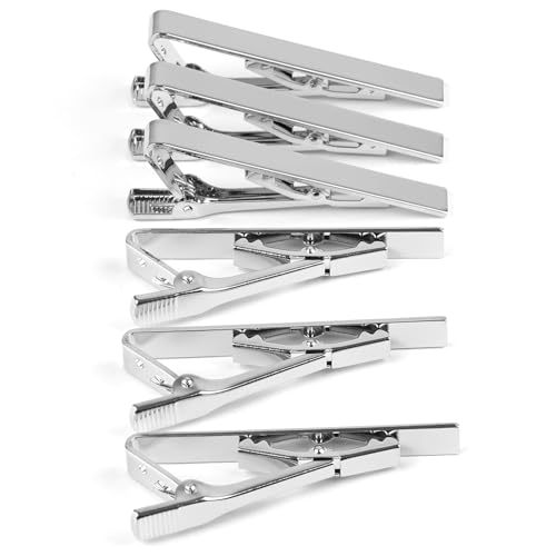MOWPOG 6 Pcs Tie Clips for Men, Tie Bar Pins Tacks with Gift Box | Copper, Shiny & Glossy, for Father, Husband, Boyfriend, Business, Wedding, Suit Accessories, Easy to Open, Won't Fade/Scratch - color: Silver