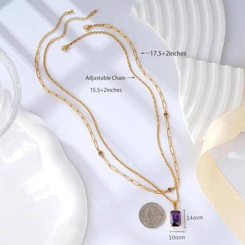 Birthstone Layered Pendant Paperclip Necklace 18k Gold Plated Heart Choker Chain Necklace Emerald Cut Jewelry Birthday Gift for Women - color: Emerald-Cut Amethyst